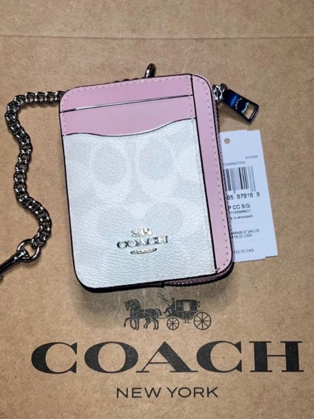 COACH Zip Card Case Cardholder Wallet Chalk & Carnation with Silver Hardware NWT
